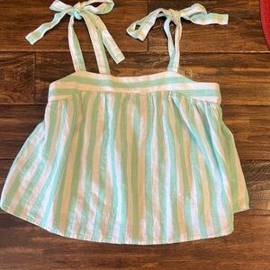 Mint green and white linen tank with tie straps.  Super cute light and airy!